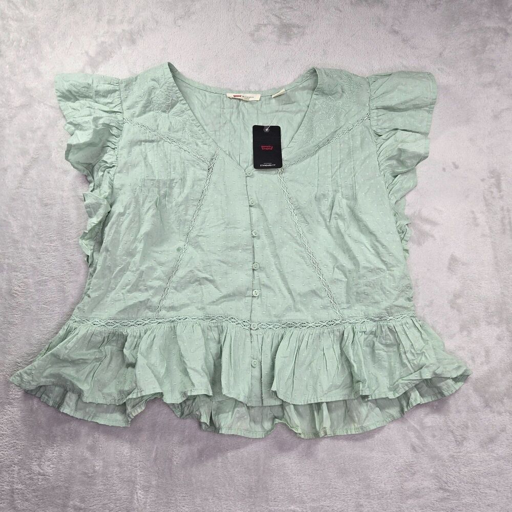 Levi's Blouse Women's Small Aniston Cotton Ruffled Flutter-Sleeve Pale Green NWT